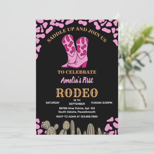 ブラックガールラウンドファーストロデオ1パーティー誕生日 招待状 (スタンド正面)