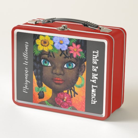 ブラックガール編みヘアフローラガーランドカスタムアート メタルランチボックス (正面)