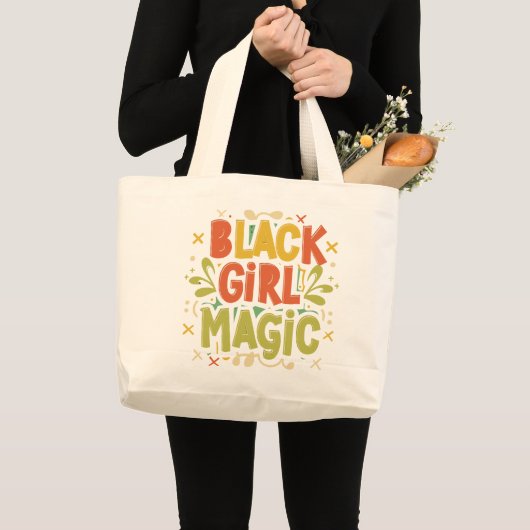 ブラックガール魔法:強さ、美しい、卓越性 ラージトートバッグ (正面(商品))