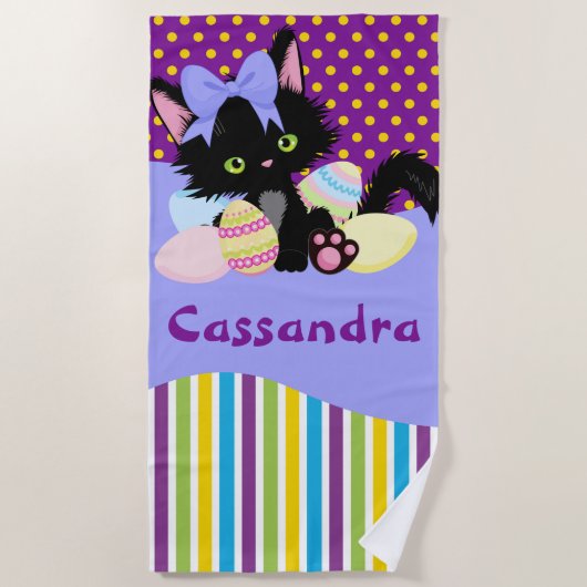 ブラックキッテンイースターの卵のドットとストライプ ビーチタオル (正面)