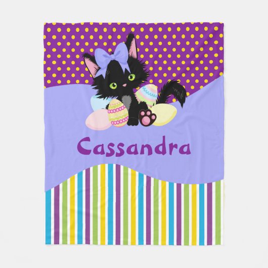 ブラックキッテンイースターの卵のドットとストライプ フリースブランケット (正面)