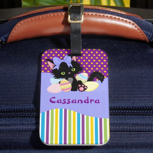 ブラックキッテンイースターの卵のドットとストライプ ラゲッジタグ (正面インサイチュ2)