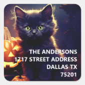 ブラックキットン&パンプキンズハロウィンアドレスステッカー スクエアシール (正面)