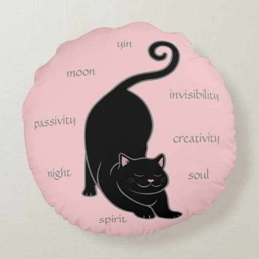 ブラックキティキャットヨガ&編集可能文字オンピンクラウンド ラウンドクッション (裏面)