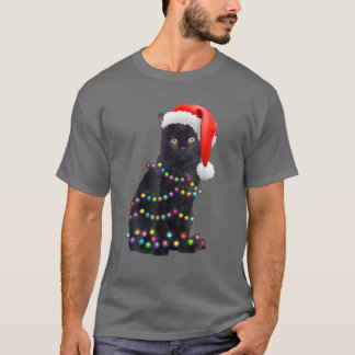 ブラックキャッおもしろいトクリスマスライト猫好きクリスマ Tシャツ