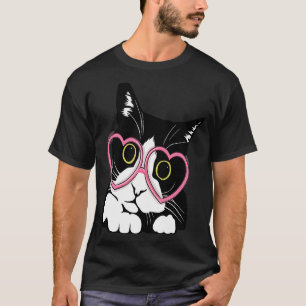 ブラックキャッカッコいいトキットン赤いハートグラスハッピーヴェール Tシャツ