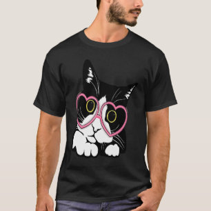 ブラックキャッカッコいいトキットン赤いハートグラスハッピーヴェール Tシャツ