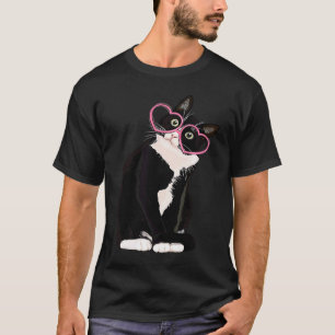 ブラックキャッカッコいいトキットン赤いハートグラスハッピーヴェール Tシャツ