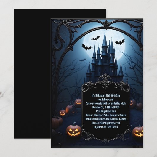 ブラックキャッスル ティーン ハロウィン 誕生日パーティー 招待状 (正面/裏面)