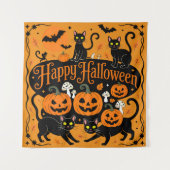 ブラックキャッツカボチャとこうもりハッピーハローウィン タペストリー (正面)