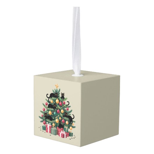 ブラックキャッツクリスマスツリー猫好きクリスマスライト キューブオーナメント (裏面アングル)