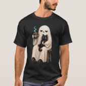 ブラックキャットとコーヒーを抱えた無気力な幽霊 "メェ" Tシャツ (正面)