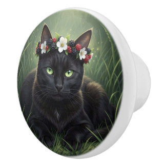 ブラックキャットとブラックベリーと花の王冠 セラミックノブ