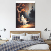 ブラックキャットと幽霊ベンチハロウィンダーに座る キャンバスプリント (インサイチュ (寝室))