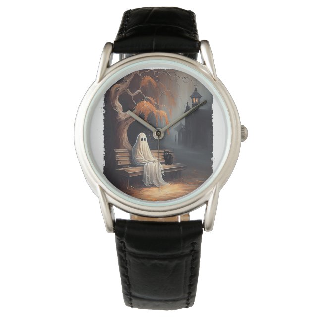 ブラックキャットと幽霊ベンチハロウィンダーに座る 腕時計 (正面)