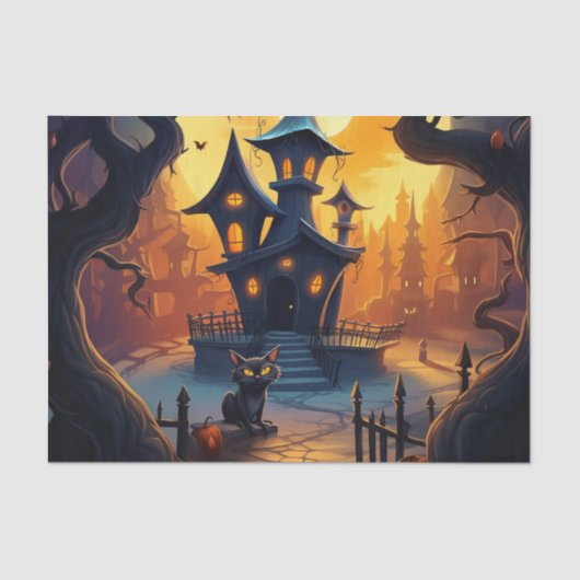 ブラックキャットと曲がったハウスハロウィーンデカップージ 薄葉紙 (正面)