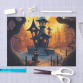 ブラックキャットと曲がったハウスハロウィーンデカップージ 薄葉紙 (クラフト)