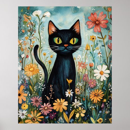 ブラックキャットと野の花のイラスト ポスター (正面)