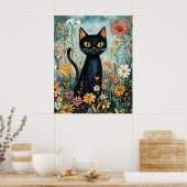 ブラックキャットと野の花のイラスト ポスター (キッチン)