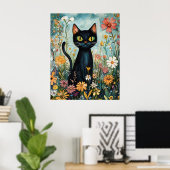 ブラックキャットと野の花のイラスト ポスター (ホームオフィス)