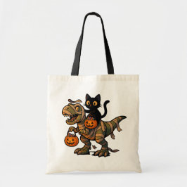 ブラックキャットに乗られたミイラティラノサウルス - かわいいハロウィンディノ トートバッグ