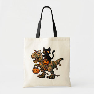 ブラックキャットに乗られたミイラティラノサウルス - かわいいハロウィンディノ トートバッグ