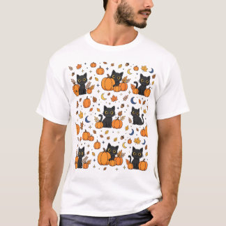 ブラックキャットのカボチャ畑ハロウィンパターン Tシャツ