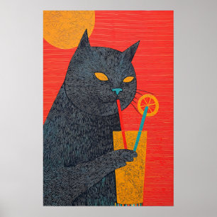ブラックキャットのジュースアートプリント ユーモラスなジクレー版画 ポスター