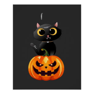 ブラックキャットのハロウィンデザイン � かぼちゃのスプーキーアート ポスター