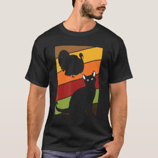 ブラックキャットの感謝祭レトロな七面鳥の秋 Tシャツ
