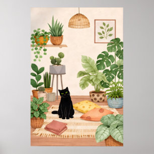 ブラックキャットの植物画、居心地の良いボホ調の植物の壁掛け ポスター