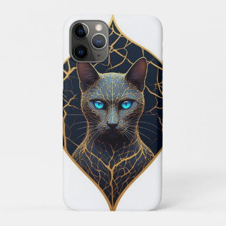 ブラックキャットの肖像画 ゴールドのジオメトリックダイヤモンド フラ iPhone 11 PROケース