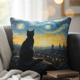 ブラックキャットの芸術的で天体的な街の装飾 クッション