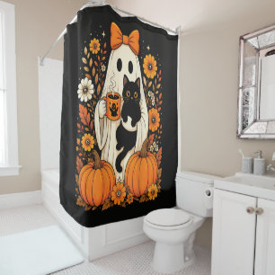 ブラックキャットを抱えたグルービーなハロウィンガスト フローラル シャワーカーテン