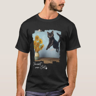 ブラックキャットアート ひまわり、ヴィンセントヴァンキャット、面白いネコ Tシャツ