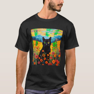 ブラックキャットインアフラワーフィールドVanゴッホキャットスターN Tシャツ