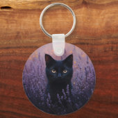 ブラックキャットインアラベンダーフィールドイラストレーション キーホルダー (正面)
