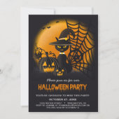 ブラックキャットインウィッチズハットくもの巣パンプキンハロウィーン | 招待状 (正面)