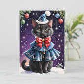 ブラックキャットインクリスマスブルーケープフラットホリデーカード シーズンカード (スタンド正面)