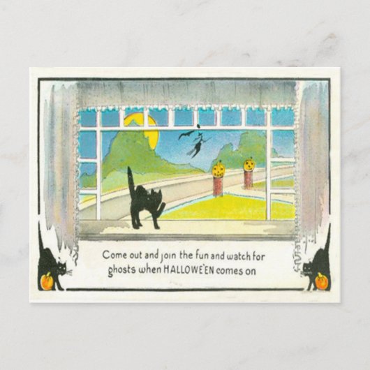 ブラックキャットウィッチウィンドウハロウィーンのカボチャのちょうちんパンプキンムーン ポストカード (正面)