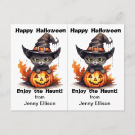 ブラックキャットウィッチハットスクールパーティーハロウィンカード ポストカード