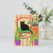 ブラックキャットオンチェアヴィンテージフラワー絵画ズ ポストカード (スタンド正面)