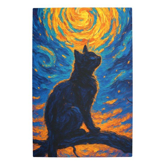 ブラックキャットオンブランチとイエロームーン – ファンゴッホ メタルプリント (正面)