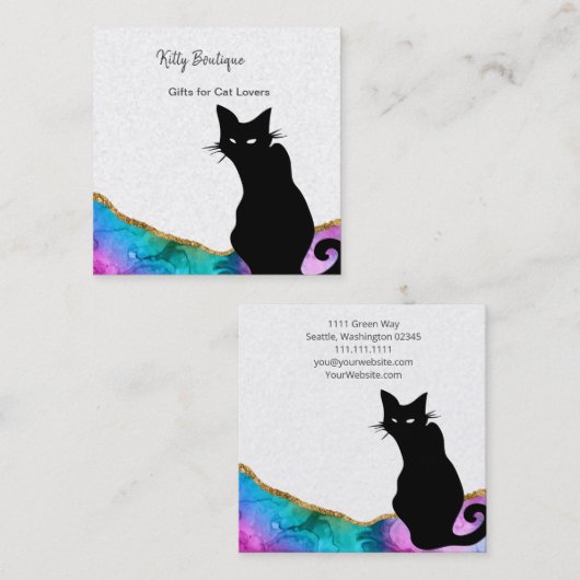 ブラックキャットカラフル抽象芸術スクエアビジネスカード スクエア名刺 (正面/裏面)