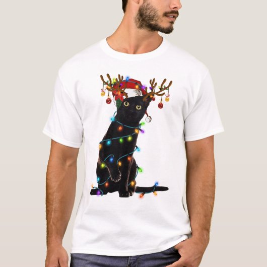 ブラックキャットクリスマスライトおもしろい猫好きクリスマス Tシャツ (正面)