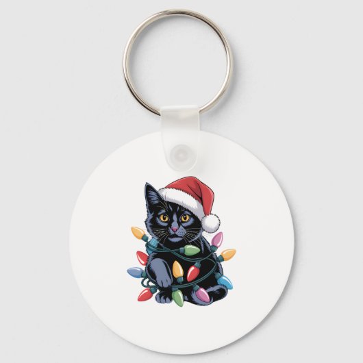 ブラックキャットクリスマスライトおもしろい猫好き キーホルダー (正面)