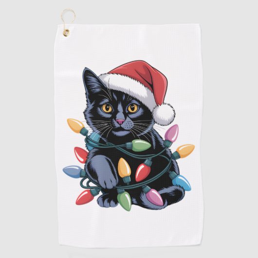 ブラックキャットクリスマスライトおもしろい猫好き ゴルフタオル (正面)