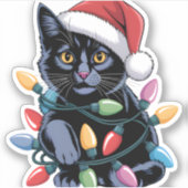 ブラックキャットクリスマスライトおもしろい猫好き シール (正面)