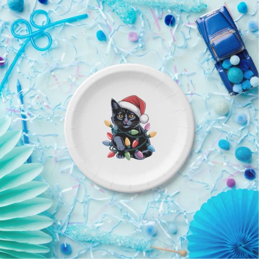 ブラックキャットクリスマスライトおもしろい猫好き ペーパープレート (パーティー)