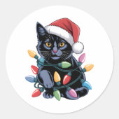ブラックキャットクリスマスライトおもしろい猫好き ラウンドシール (正面)